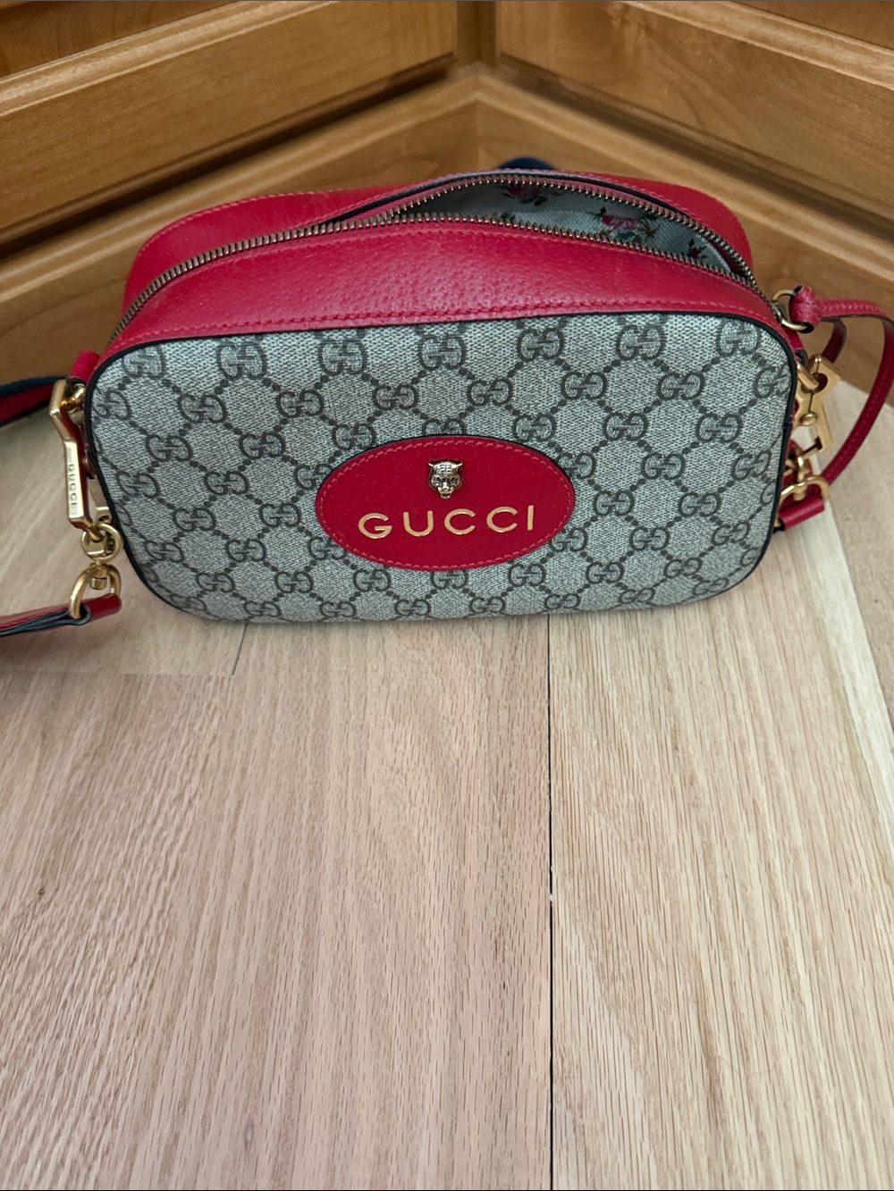 Gucci Beige GG Supreme Crossbody with Red Trim